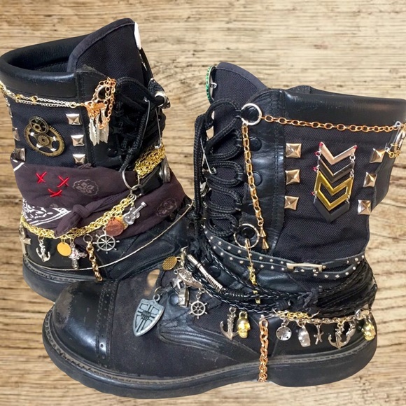 Upcycled Punk rock army combat Moto boots